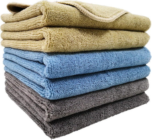 - 6 Chiffons De Nettoyage En Microfibres - Qualité Professionnelle - Bleu/Camel/Gris - 41 X 61 Cm